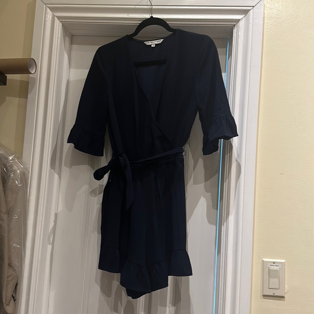 Trina Turk Te Amo Navy Ruffle Wrap Romper Pockets Small
